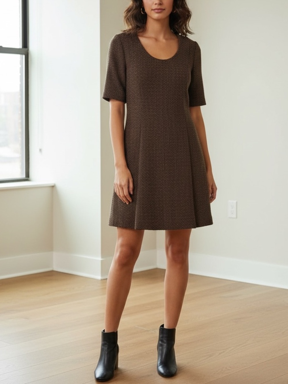 NWT Drew Saddie Knit Flare Dress Espresso Brown Made in USA